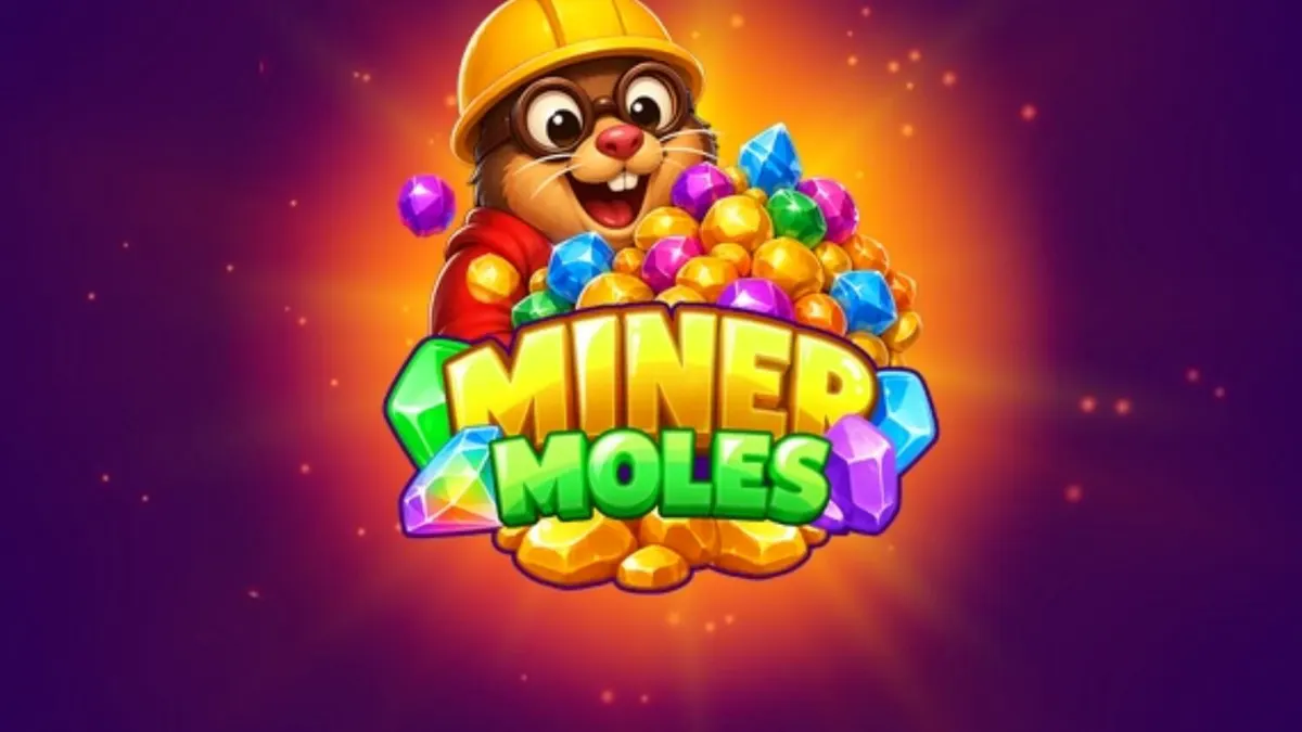Tampilan visual slot Miner Moles dengan tema pertambangan dan karakter tikus tanah