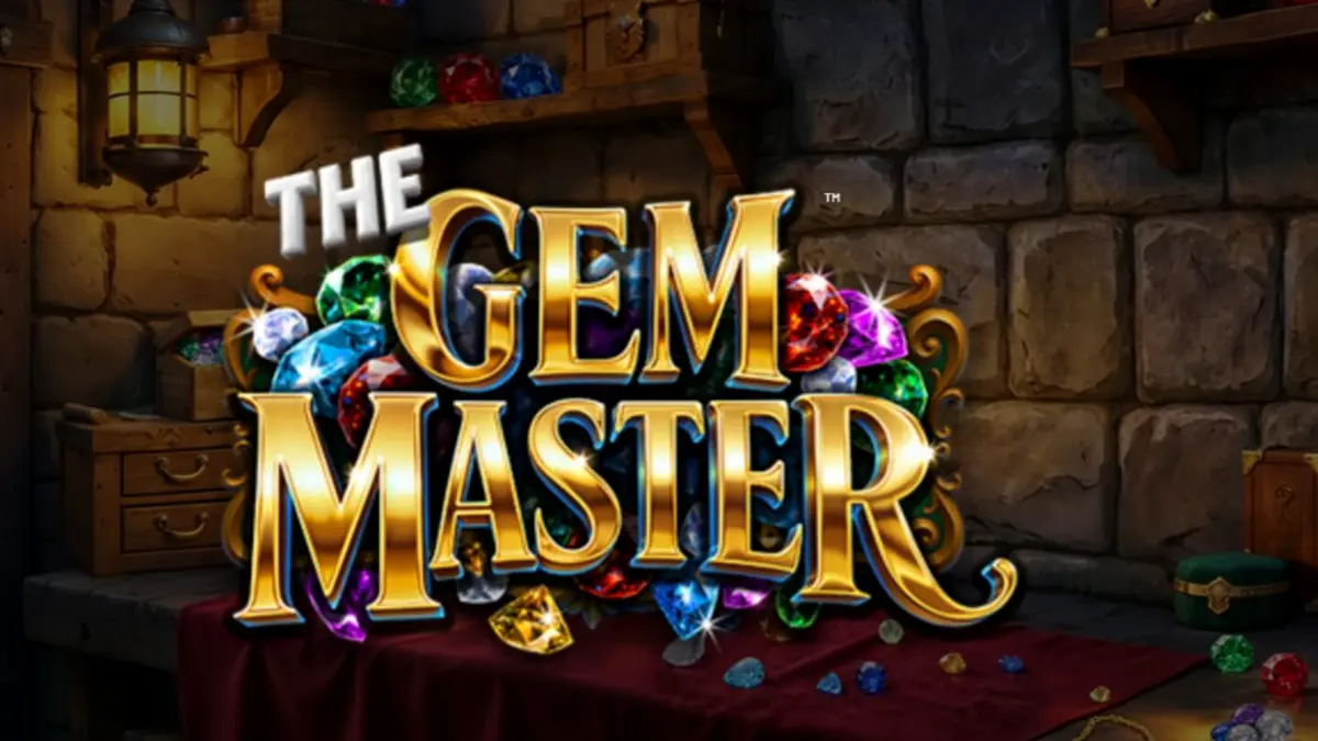 Tampilan visual slot The Gem Master dengan latar belakang bengkel perhiasan mewah dan simbol permata berkilau.