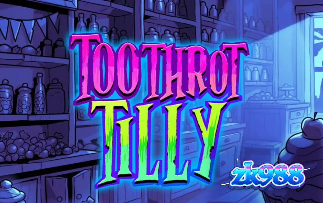 Tampilan layar permainan slot Toothrot Tilly dengan elemen visual neon dan karakter kartun yang unik.